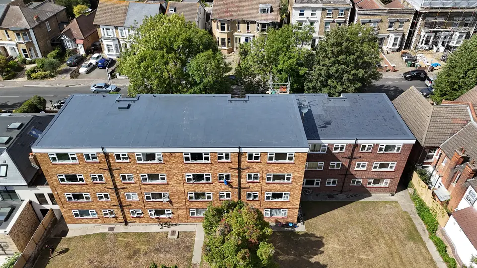 Drone view of the renewed flat roof on the Leyton block of flats