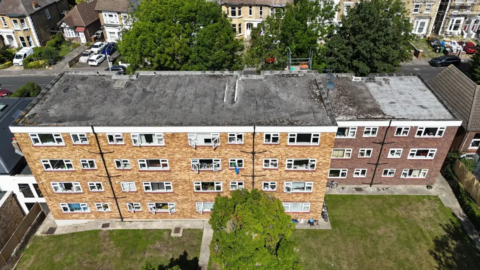 Drone view of the roof on the Leyton block before renewal