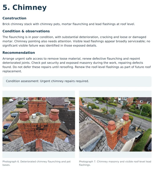 Genuine anonymised Avent roof survey page showing photographs, findings and recommendations