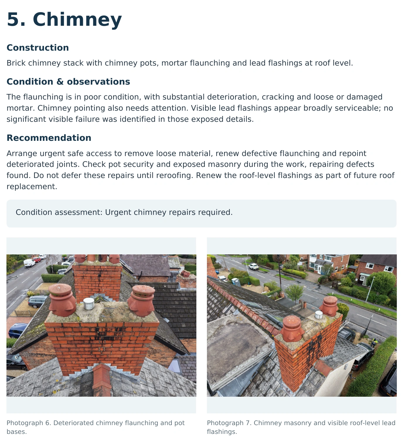Enlarged anonymised roof survey page with chimney condition photographs and written recommendations